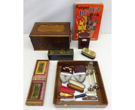 19th century 'Amber Pure' cheroot holder in case, another pipe holder, pair Danish stainless steel candle holders, knife rest