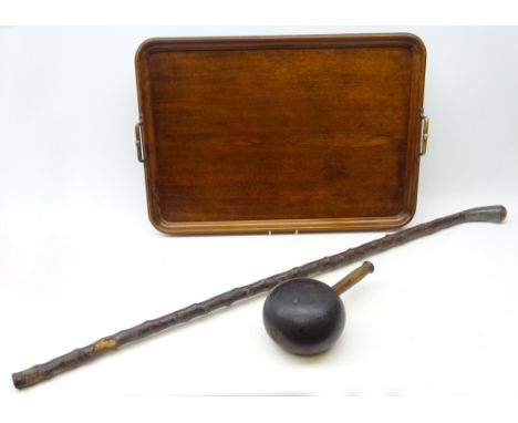 Lignum vitae oak handled saddle makers maul, blackthorn stick with horn handle and an Edwardian rectangular mahogany brass bo