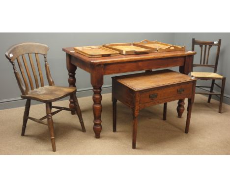 Rectangular farmhouse pine table on four turned supports (W81cm, H77cm, L122cm), 19th century stick back farmhouse chair, elm