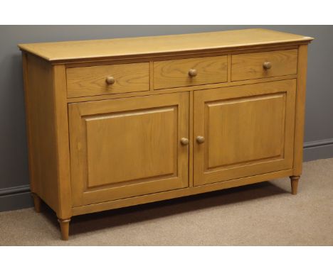 John Lewis solid light oak sideboard, three drawers, two panelled cupboards, W140cm, H86cm, D48cm