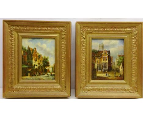'Mechelen St Rumbold's Cathedral' and 'Oudewater Market', two 20th century oils on panel signed by L. Clayton 25.5cm x 20cm (