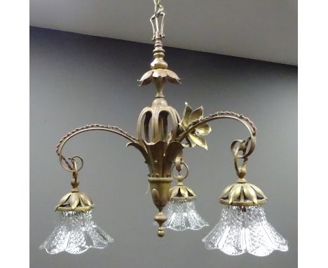Edwardian brass three branch hanging light fitting Condition Report Click here for further images, condition, auction times &