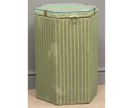 'Lloyd Loom' hexagonal linen bin, green and gold wicker work, glazed top, W39cm, H56cm, D34cm Condition Report Click here for