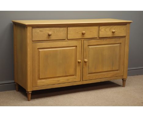 John Lewis solid light oak sideboard, three drawers, two panelled cupboards, W140cm, H86cm, D48cm