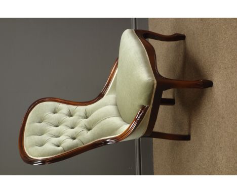 Victorian style spoon back nursing chair, light green upholstery, W60cm, H92cm, D60cm Condition Report Click here for further