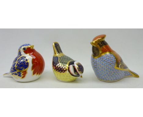 Three Royal Crown Derby paperweights, 'bluetit', 'waxwing' and 'robin', boxed, with gold stoppers Condition Report Click here