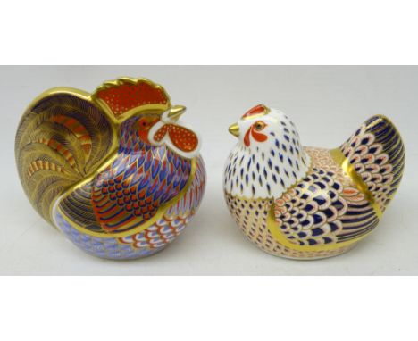 Two Royal Crown Derby paperweights, 'chicken' and 'cockerel', boxed, with gold stoppers Condition Report Click here for furth