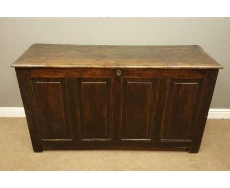 18th century oak coffer with hinged top above four fielded panel front, panelled sides, W157cm, D55cm, H85cm