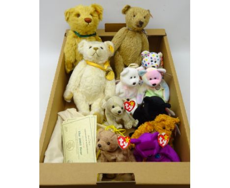 Two Steiff Millennium Bears, 2001 Bear, all with certificates and bags for Danbury Mint and a collection of TY Beanie Babes, 