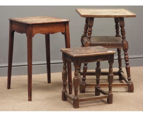 Mahogany occasional table, four turned supports and stretchers, one lower shelf, (W45cm, H66cm, D46cm (max)) and two similar 