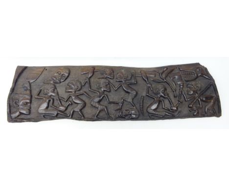 African hardwood panel, relief carved with figures, L90cm Condition Report Click here for further images, condition, auction 