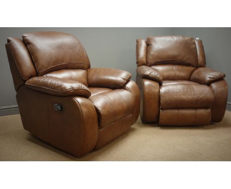 Electric reclining armchair and matching manual reclining armchair upholstered in brown leather, W93cm, H90cm, D90cm (This it
