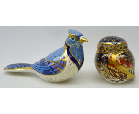 Two Royal Crown Derby paperweights, 'blue jay' and 'little owl', boxed, with gold stoppers Condition Report Click here for fu