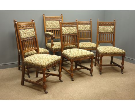 Set six (5+1) Edwardian oak dining chairs, arcade carved cresting rail above shaped uprights, upholstered seats and backs, tu