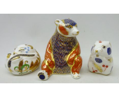 Three Royal Crown Derby paperweights, 'sleeping doormouse', 'field mouse' and 'honey bear', all with gold stoppers Condition 