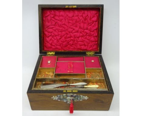 Victorian walnut sewing box, with mother-of pearl inlaid top, the interior fitted with lift out section tray, with silver han