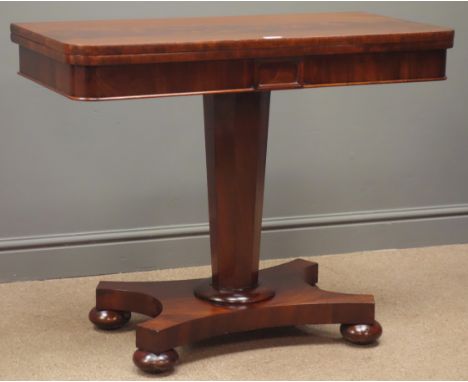 Regency mahogany folding card table, green baize, tapering column on shaped base with bun feet, W92cm, D46cm, H71cm, (unfolde