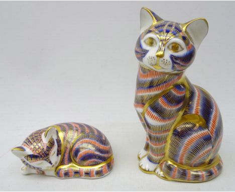 Two Royal Crown Derby paperweights 'Sleeping Kitten' & another Cat, H13cm both with gold stoppers and boxes (2) Condition Rep