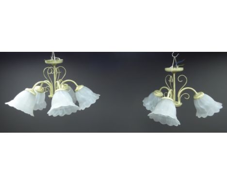 Five branch centre light fitting with frosted glass shades and pair matching three branch light fittings, as new with boxes (