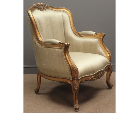 French Louis style upholstered armchair, carved detail, Versailles gold paint, W75cm, H92cm, D73cm Condition Report Click her