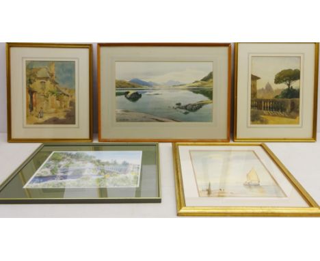 Lakeland landscape, colour print after William Heaton Cooper, Children at Doorway, watercolour indistinctly signed, 'Villa Me