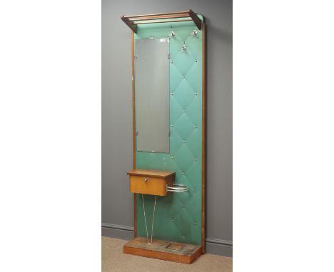 1950s retro hallstand, overhead storage rails, three double hanging hooks, large portrait mirror, drop down front cupboard, W