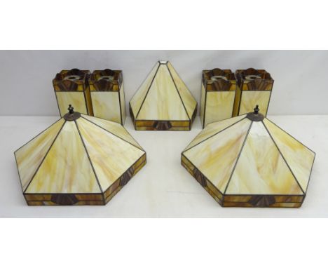 Pair Tiffany style centre light shades with streaked panels, D46cm, four matching square shades and wall light (7) Condition 