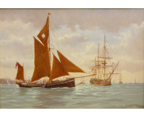 'Kitty and The Bounty off Ryde', 20th century oil on canvas board signed by Rex Phillip, titled and dated 1987 verso 24cm x 3