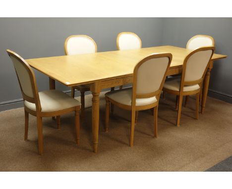 John Lewis solid light oak extending dining table with leaf (100cm x 180cm - 230cm, H75cm), and six chairs upholstered in nat