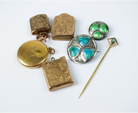 A 9ct gold rectangular locket, together with three further lockets, two enamel brooches and a turquoise set pin (7)