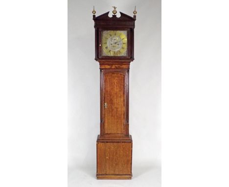 A George III oak crossbanded mahogany eight day longcase clock, the 13.5 inch square brass dial signed 'Chris Hull, Dublin' w