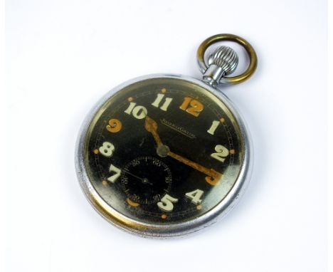 A Gentleman's Jaeger Le Coultre chromium plated military open face pocket watch, the black dial with luminous Arabic numerals
