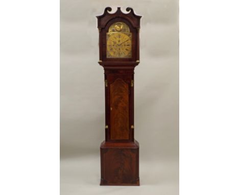 A mahogany musical longcase clock, the 13 inch arched brass dial with centred subsidiary seconds dial, within a ring of Roman