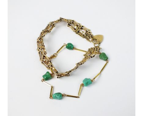 A turquoise set yellow metal bracelet, stamped '750', together with a yellow metal gate link bracelet, the heart shaped clasp