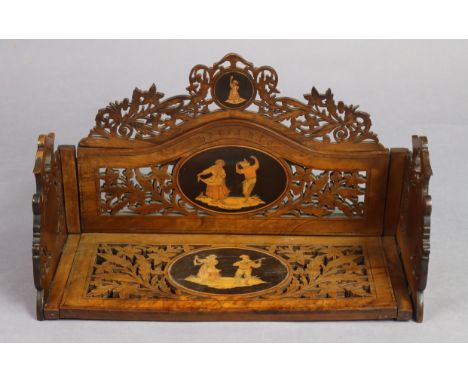 A 19th century Sorrento-ware marquetry-inlaid olive wood adjustable book-trough with pierced sides, 43cm long (closed), 73cm 