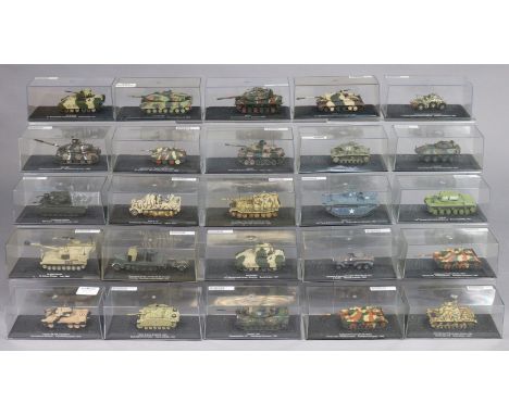 Twenty-two various De Agostini Atlas Solid 1/72 scale model tanks, each with window box.