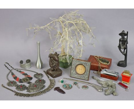 Two cigarette lighters; a small white-metal photograph frame; a trinket box; &amp; sundry other items. 