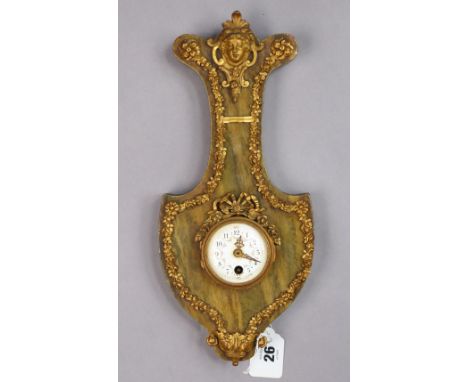 A vintage continental marble lyre-shaped wall clock with gilt ormolu mounts &amp; with floral decoration to the white enamel 