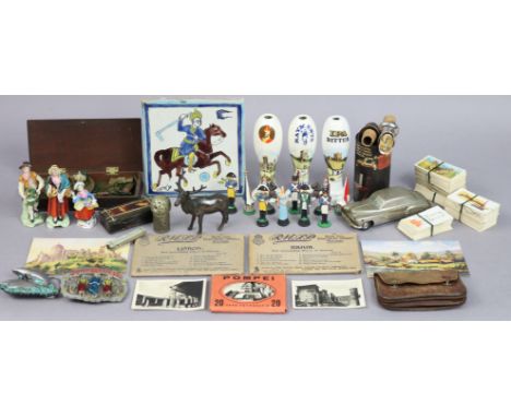 A vintage chrome scale model of a “Prameta Buick 405”, unboxed; various loose cigarette cards; a travelling chess set, etc. 
