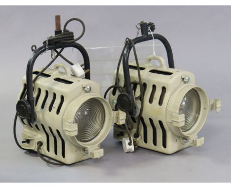 A pair of mid-20th century vintage theatre spotlights by R. R. Beard Limited of London, one with an additional lens, 32.5cm w