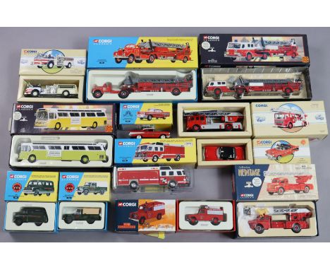 Eight Corgi scale model fire brigade vehicles; &amp; four other Corgi scale model vehicles, all boxed. 