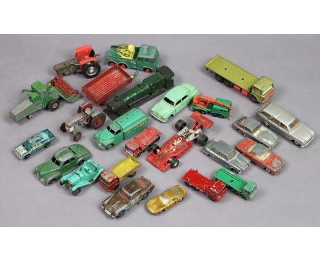 Seven Dinky die-cast scale model vehicles; three Corgi ditto; various other scale model vehicles; various animal figures, etc