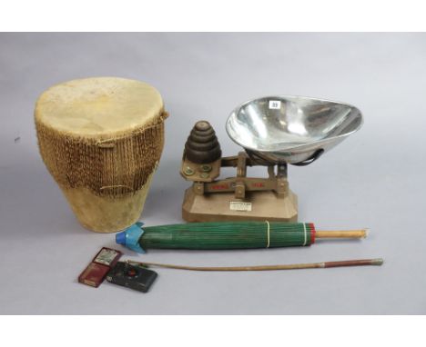 A vintage Patston &amp; Co. counter-top scales to weigh 14lb with weights; together with a riding crop; a parasol; an ethnic 