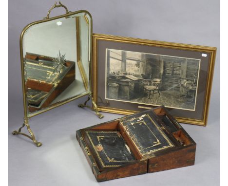A 19th century brass-bound burr walnut writing slope, 40cm wide (w.a.f.); together with a brass frame fire screen inset with 