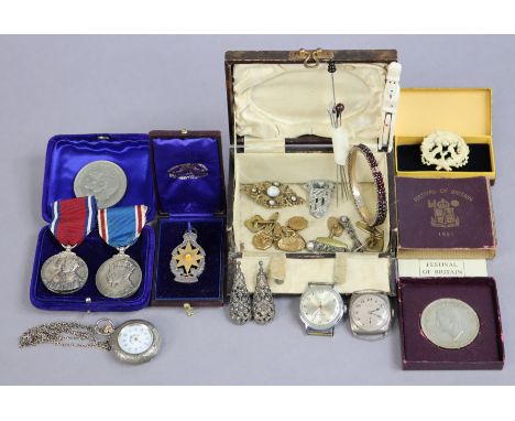 A vintage ladies fob-watch with floral decoration to the white enamel dial, &amp; in an engraved white-metal case; together w