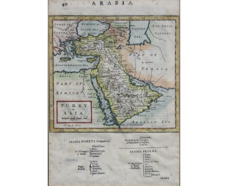 A vintage hand-coloured map of “Arabia”, 27cm x 19cm, in a glazed gilt frame. 