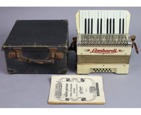 A Lombardi piano accordion, with a fibre-covered carrying case. 