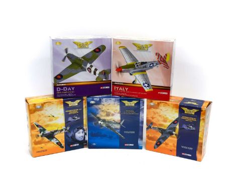 Corgi Aviation Group 1:72 Scale WWII Group AA32212 and AA32202 P51D Mustangs; 49003 and AA31907 Spitfires; and AA32007 Hawker