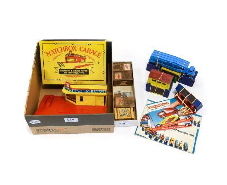 Matchbox Garage  in LRL box; with Accessory Packs A1 Esso petrol pumps, A2 Car transporter and A3 Garage (all E boxes E-G), t