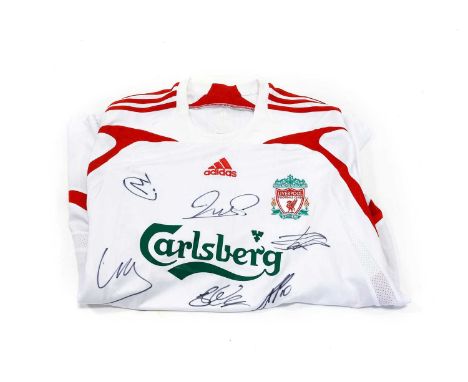 Liverpool Football Club Autographed Replica Shirt white away shirt, signed by Rafa Benitez, Fernando Torres, Steven Gerrard, 